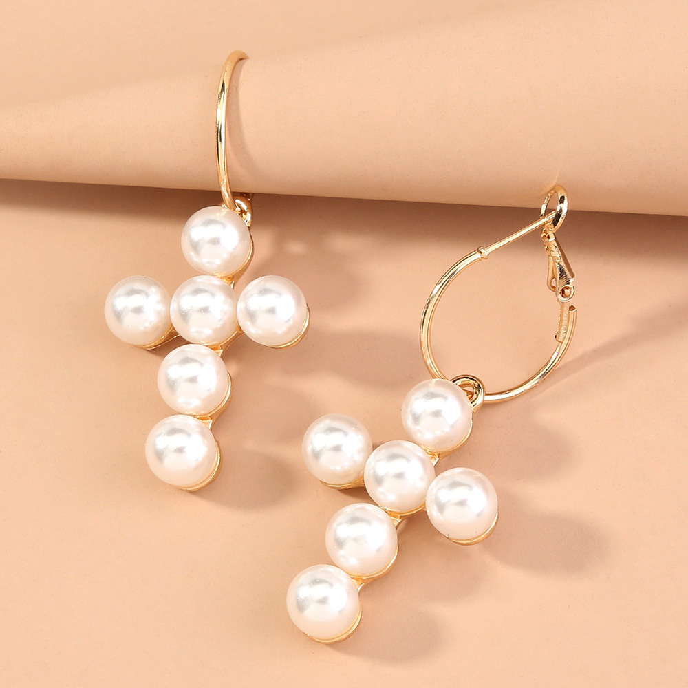 European And American Cross-border Jewelry Fashion Exaggerated Cross Handmade Pearl Inlaid Alloy Metal Earrings Earrings