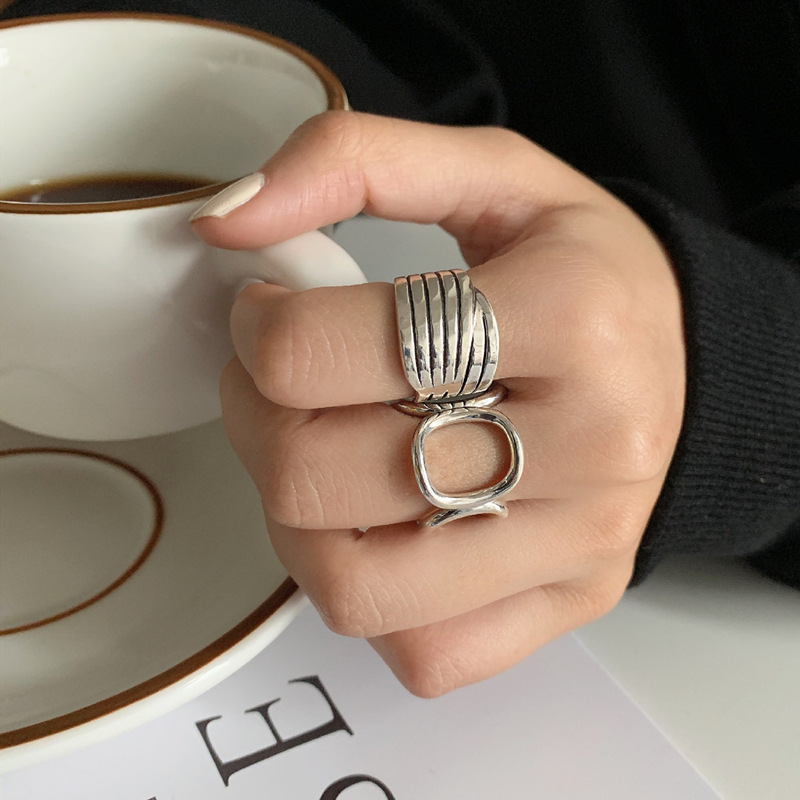 Japanese And Korean Geometric High-end Retro Ring Female 925 Silver Ins Personality Wide Version Simple Hip-Hop Opening Index Finger Ring