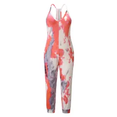 Sexy V Neck Suspender Jumpsuit Casual Tie Dye Homewear - White - View 1