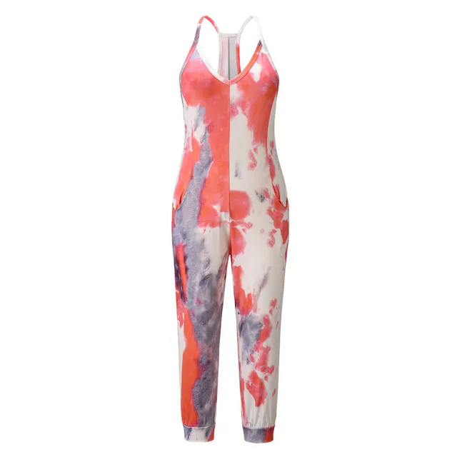 Sexy V Neck Suspender Jumpsuit Casual Tie Dye Homewear White - Shop at LoveMi