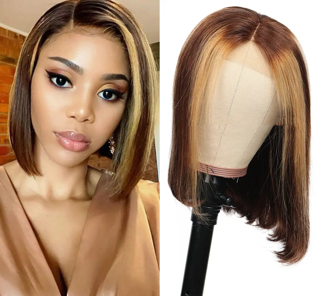 Piano Color Bob Wig Real Hair Short Straight Hairpiece
