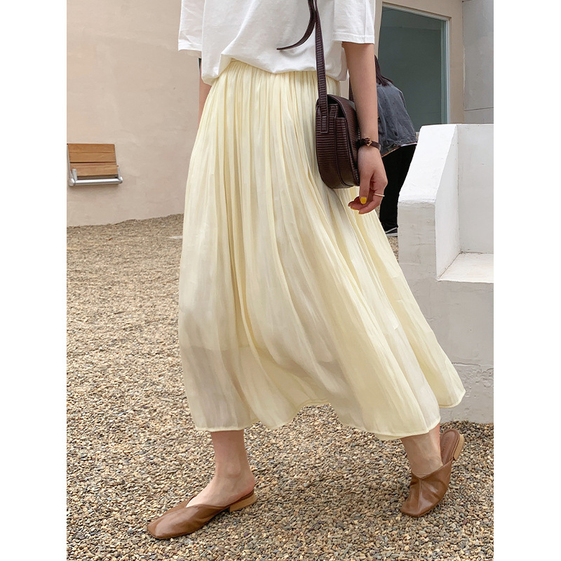 Spring And Summer New Elastic Waist Pearl Luster Mid-Length Over-The-Knee Skirt