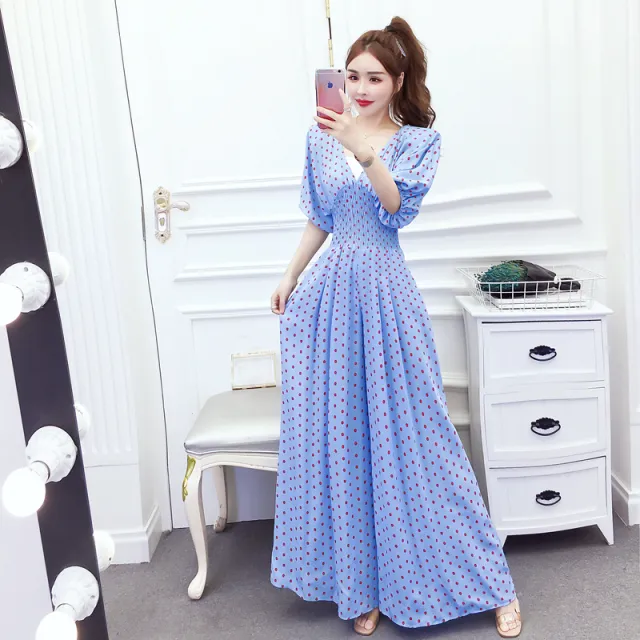 Blue Polka Dot Chiffon High Waist Slimming V neck Jumpsuit Women Light Blue - Shop at LoveMi