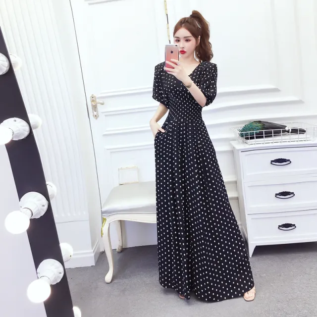 Blue Polka Dot Chiffon High Waist Slimming V neck Jumpsuit Women Black - Shop at LoveMi