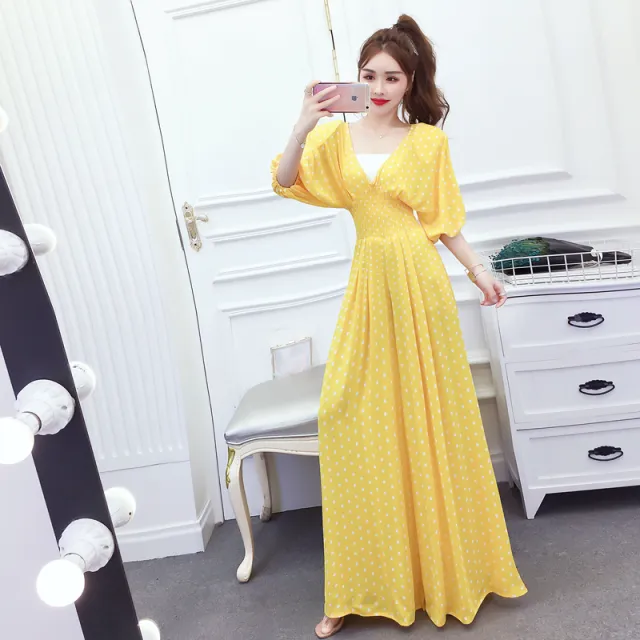 Blue Polka Dot Chiffon High Waist Slimming V neck Jumpsuit Women Yellow - Shop at LoveMi