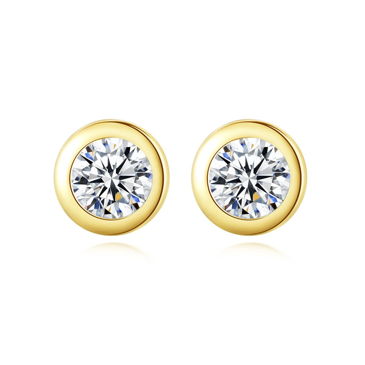 Round Sterling Silver Stud Earrings With 14K Gold Zircon