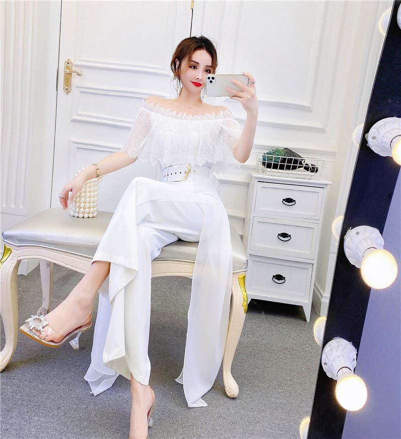 High Waist Drape Stitching Mesh Wide-leg Pants Suit