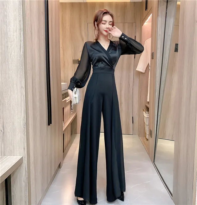 Chiffon Stitching Fashion Long Wide leg Jumpsuit Women Black - Shop at LoveMi