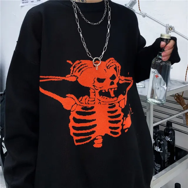 Qiu Dong Harajuku Person Cranial Head Jacquard Knitting Swea Black - Shop at LoveMi