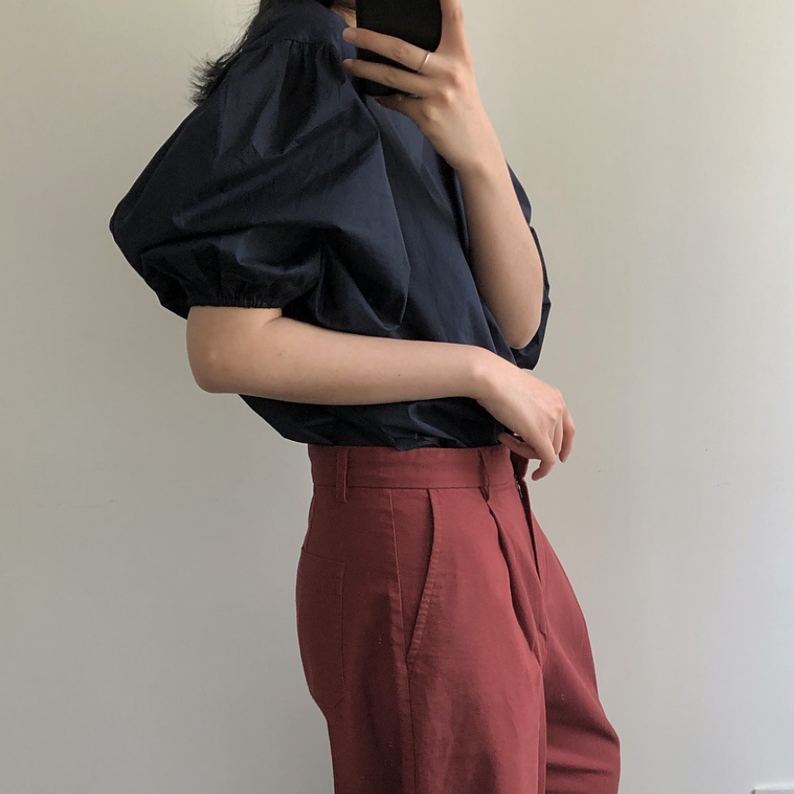 Casual Lantern Sleeve Puff Sleeve Navy Blue Loose Thin Cotton Top