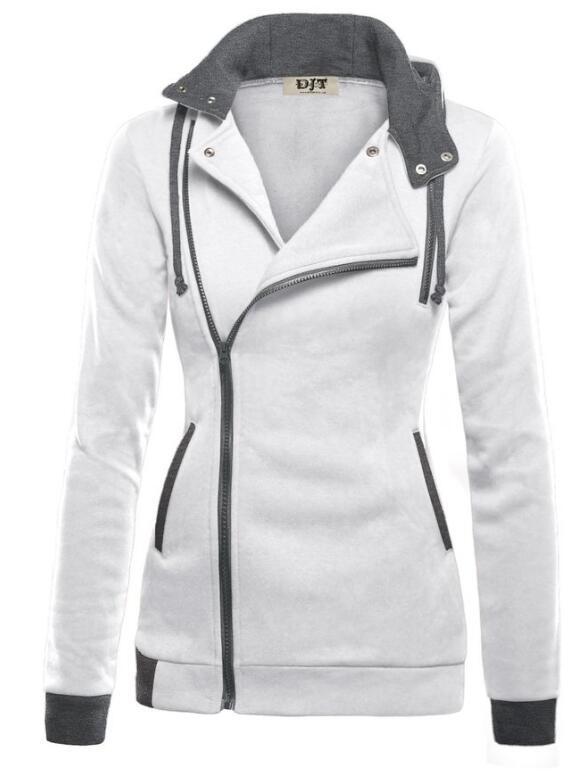 Winter Women's Plus Velvet Diagonal Zipper Sweater Color Matching Hooded Sweater White - Shop at LoveMi