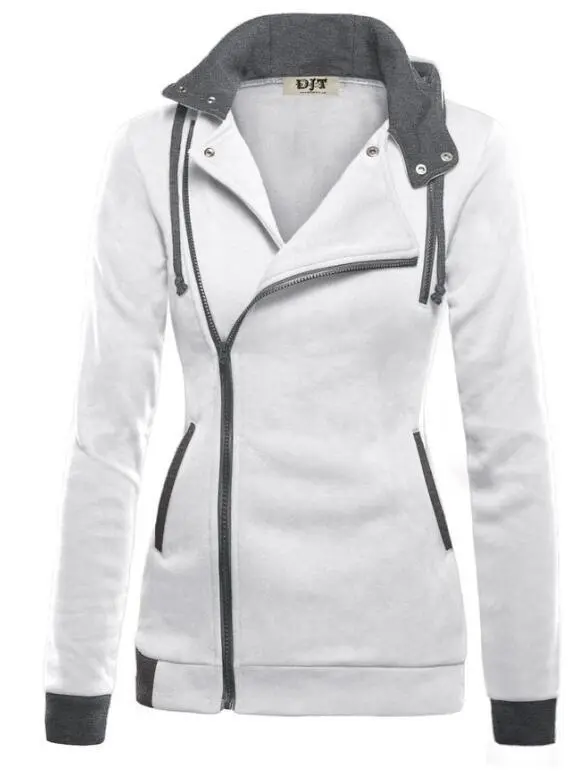 Winter Women's Plus Velvet Diagonal Zipper Sweater Color Matching Hooded Sweater White - Shop at LoveMi