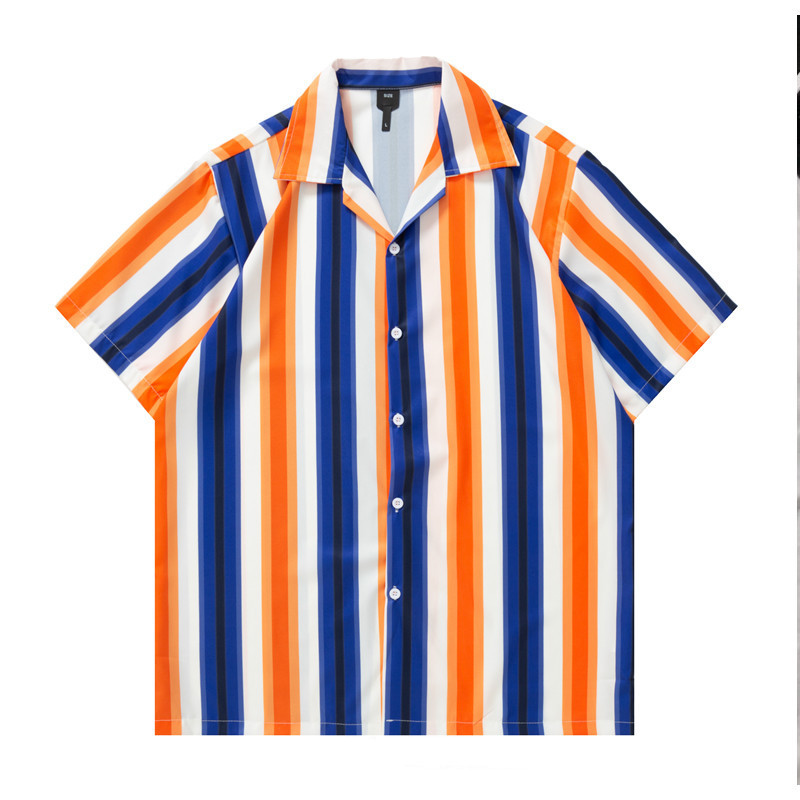 قميص شتوي رجعي جديد بأكمام قصيرة مع خطوط عريضة وتصميم فضفاض