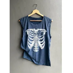 Sleeveless Skull Print Women's Crew Neck Tank Top - Navy Blue - View 1