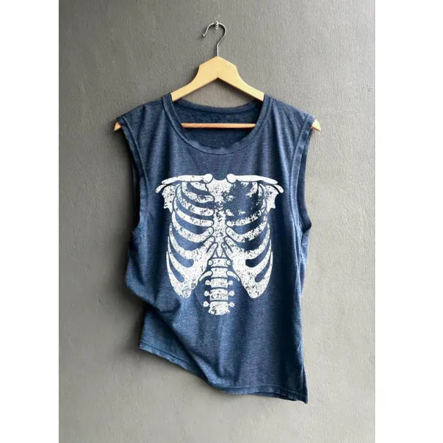 Sleeveless Skull Print Women's Crew Neck Tank Top Navy Blue - Shop at LoveMi