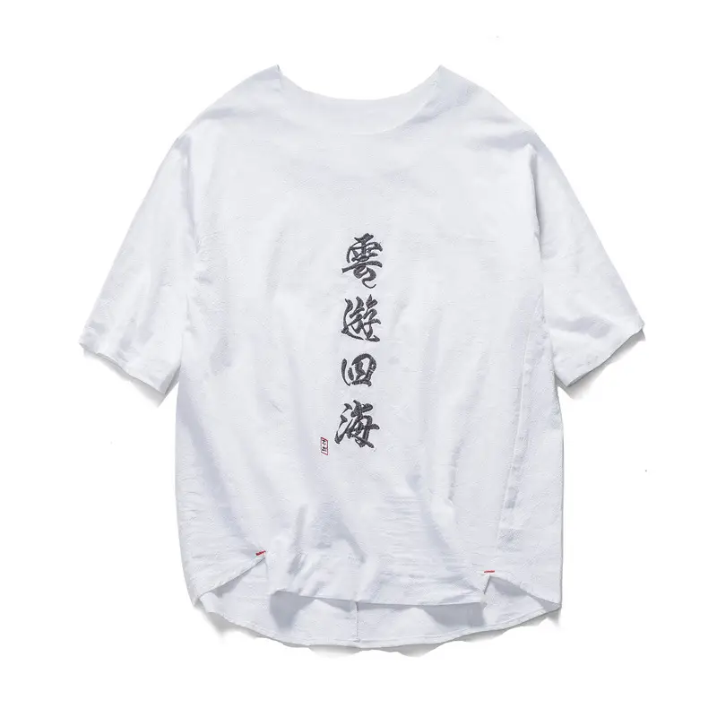 Round Neck Pullover Embroidered Cotton Short Sleeved T Shirt Men