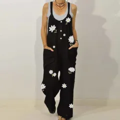 Ladies Fashion Casual Cotton And Linen Printed Jumpsuit - Black - View 1