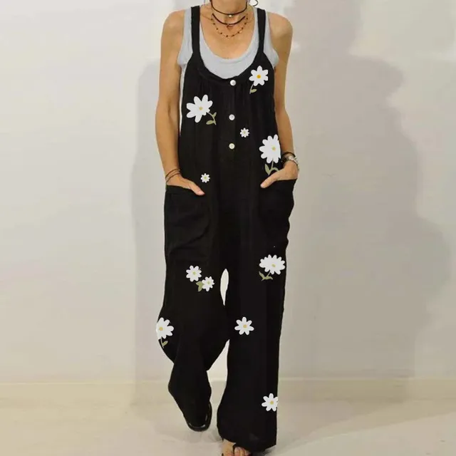 Ladies Fashion Casual Cotton And Linen Printed Jumpsuit Black - Shop at LoveMi