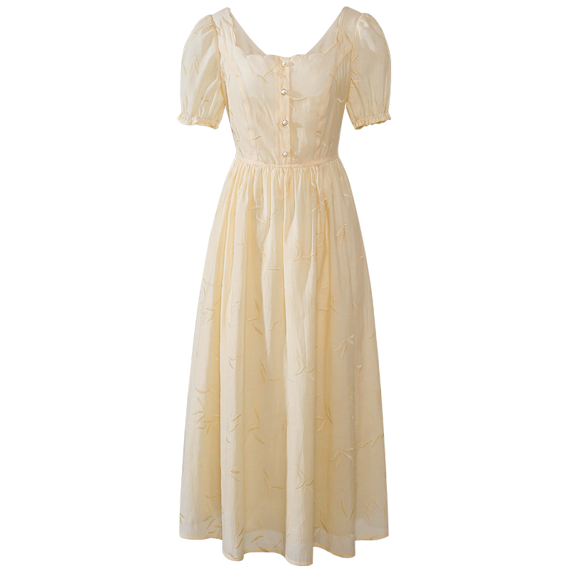 Original Retro Embroidery Petals Pearl Button Square Neck Dress