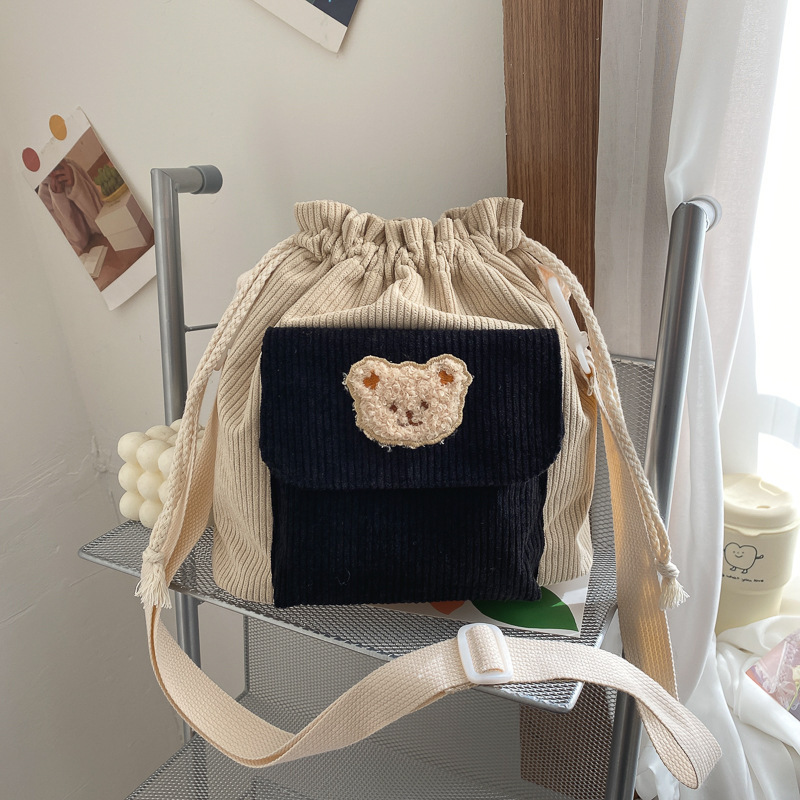 Student Corduroy Drawstring Bucket Bag Black - Shop at LoveMi