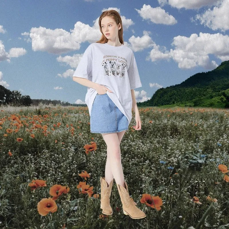 Dalmatian Print Round Neck Short Sleeve Loose Couple - Grey