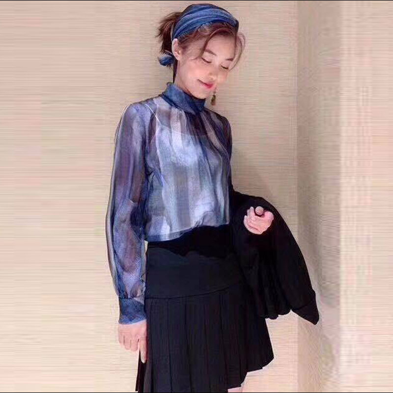 Blue See-through Streamer Belt Loose Long-sleeved Shirt