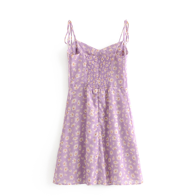 Summer Daisy Print Sexy Lace Up Mini Purple Suspender Dress