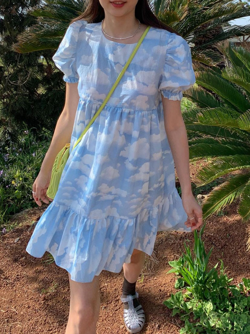 Korean Minority Blue Sky And White Cloud Print Dress Blue - Shop at LoveMi