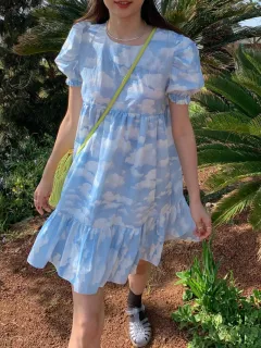 Korean Minority Blue Sky And White Cloud Print Dress - Blue - View 1