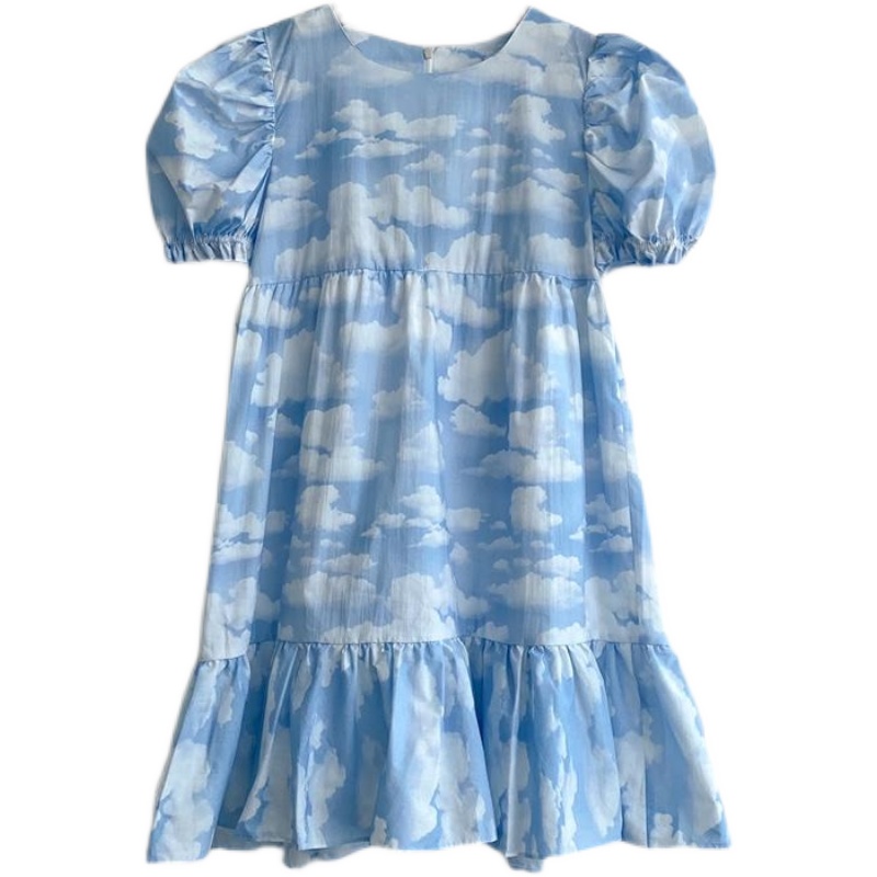 Korean Minority Blue Sky And White Cloud Print Dress