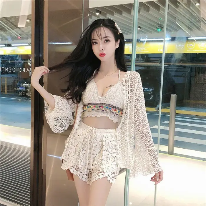 Neck backless sexy crochet hollow beading suit