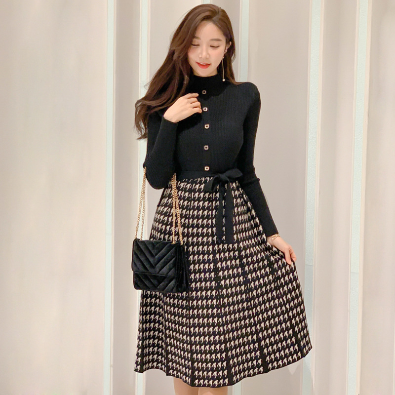 Title 5, Temperament Lace-Up Waist Houndstooth Knitted L...