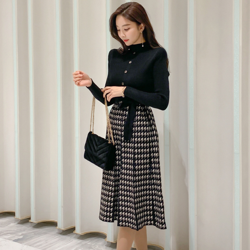 Title 2, Temperament Lace-Up Waist Houndstooth Knitted L...