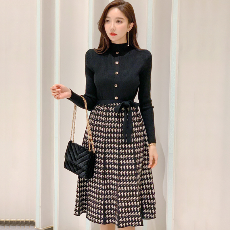 Title 6, Temperament Lace-Up Waist Houndstooth Knitted L...