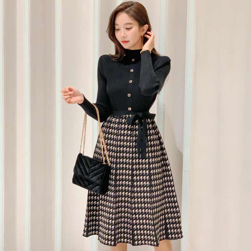Temperament Lace-Up Waist Houndstooth Knitted Large Swing Skirt