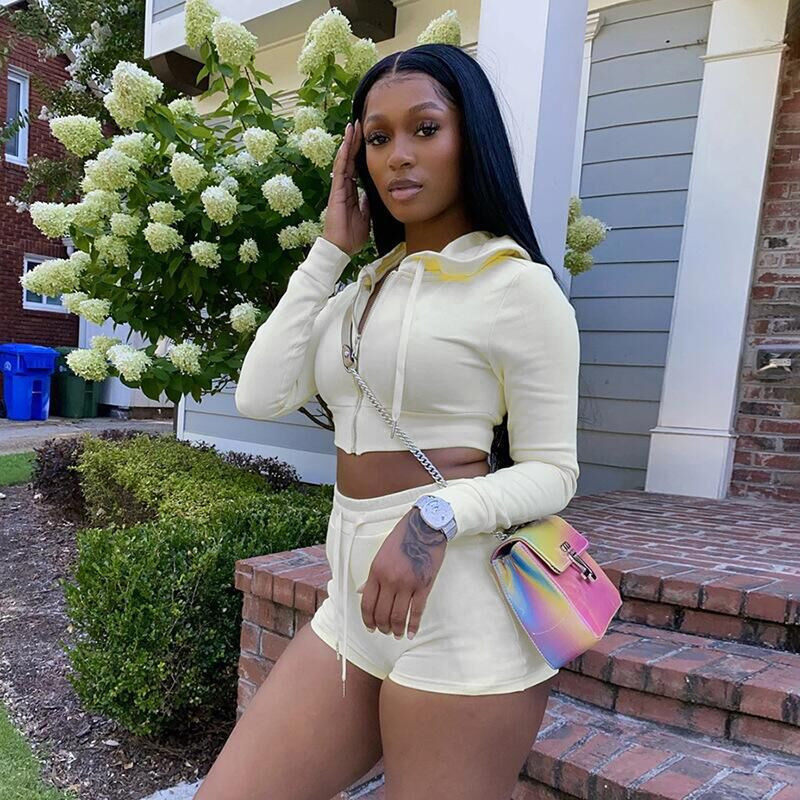 Pure Color Hooded Shorts Fashion Casual Sports Long-sleeved Two-piece Suit