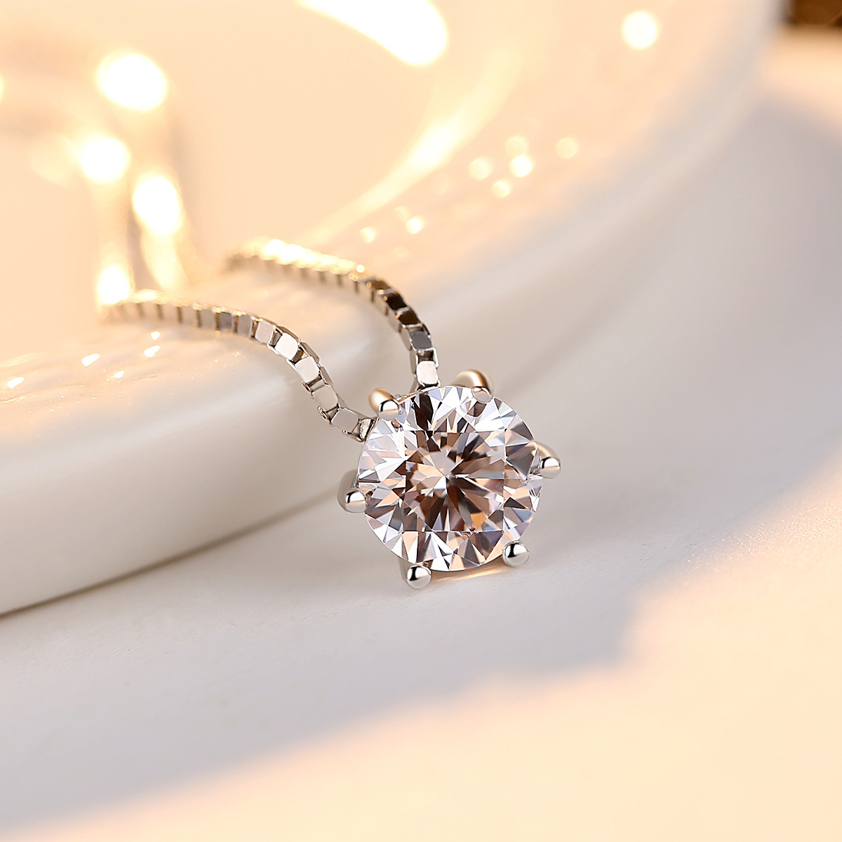 S925 Sterling Silver Necklace Ladies Six Prong Pendant With Chain Clavicle