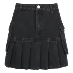 Denim Pleated Skirt High Waist Skirt - Without Lining-L - View 1