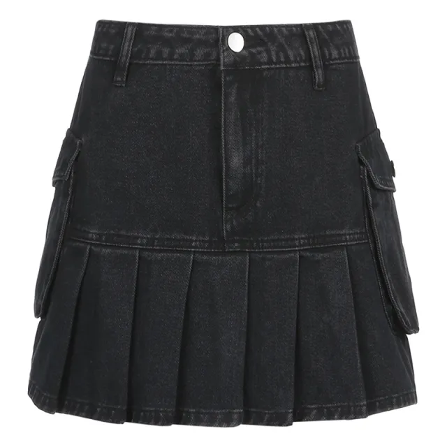 Denim Pleated Skirt High Waist Skirt Without Lining S - Shop at LoveMi