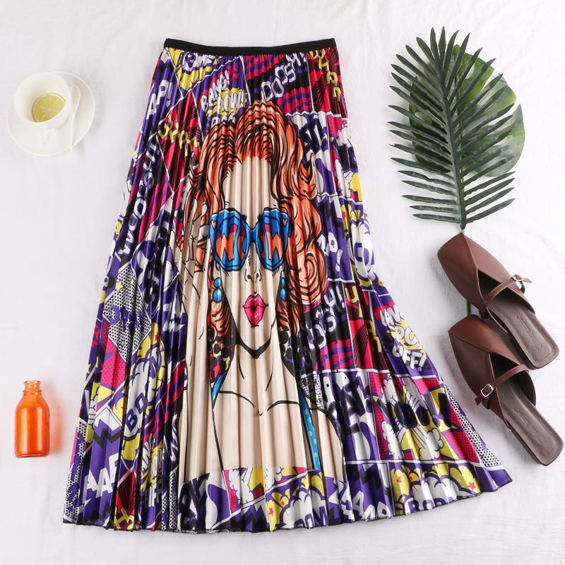 Summer Retro Fashion Hit Color Character Print Chiffon Irregular Pleated Mid-Length Skirt