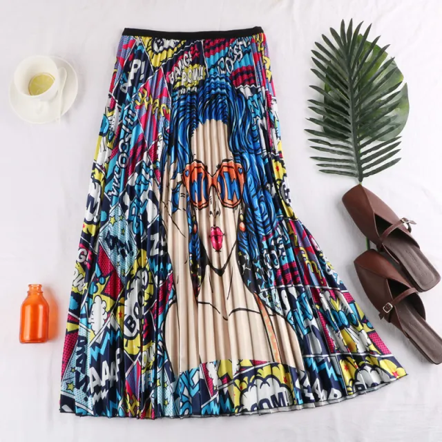 Summer Retro Fashion Hit Color Character Print Chiffon Irregular Pleated Mid Length Skirt Blue - Shop at LoveMi