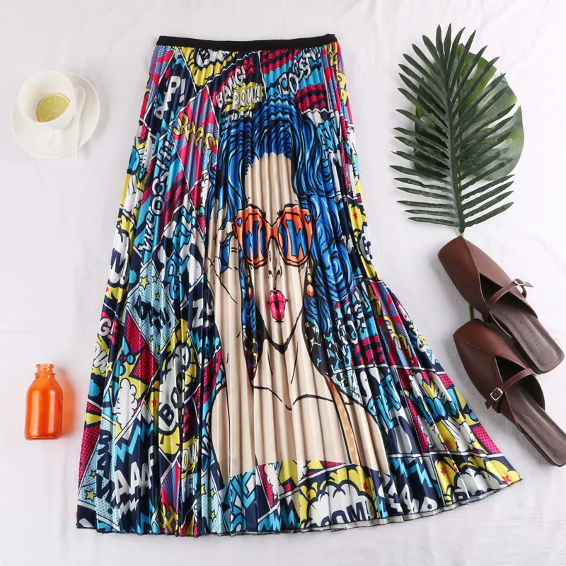 Summer Retro Fashion Hit Color Character Print Chiffon Irregular Pleated Mid-Length Skirt - Blue