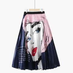 Summer Retro Fashion Hit Color Character Print Chiffon Irregular Pleated Mid-Length Skirt - Pink - View 1