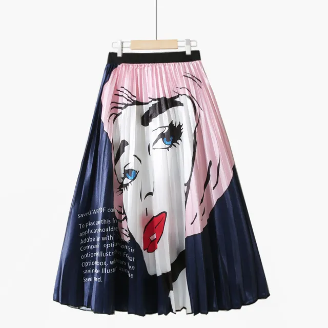Summer Retro Fashion Hit Color Character Print Chiffon Irregular Pleated Mid Length Skirt Pink - Shop at LoveMi