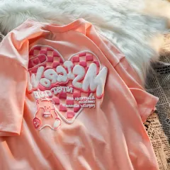 Plaid Love Bear Short-sleeved T-shirt Female Korean Style Design Half-sleeved Couple Top - Pink - View 1