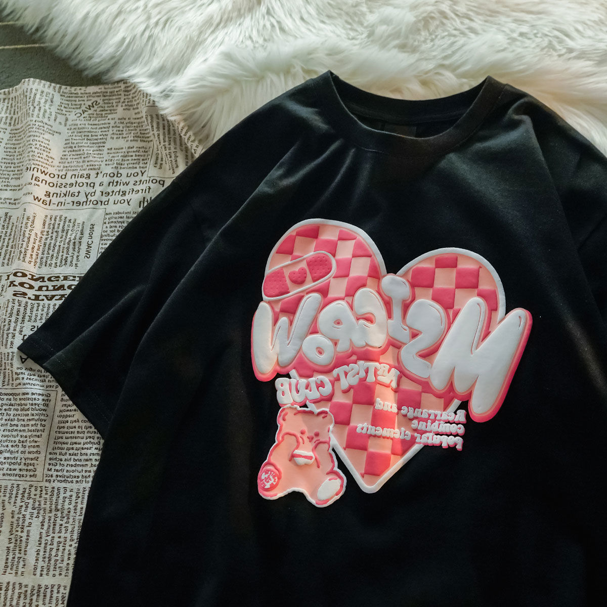 Plaid Love Bear Short sleeved T shirt Female Korean Style Design Half sleeved Couple Top Black - Shop at LoveMi