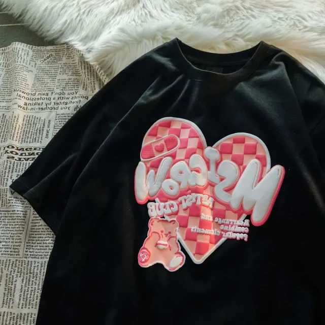 Plaid Love Bear Short sleeved T shirt Female Korean Style Design Half sleeved Couple Top Black - Shop at LoveMi