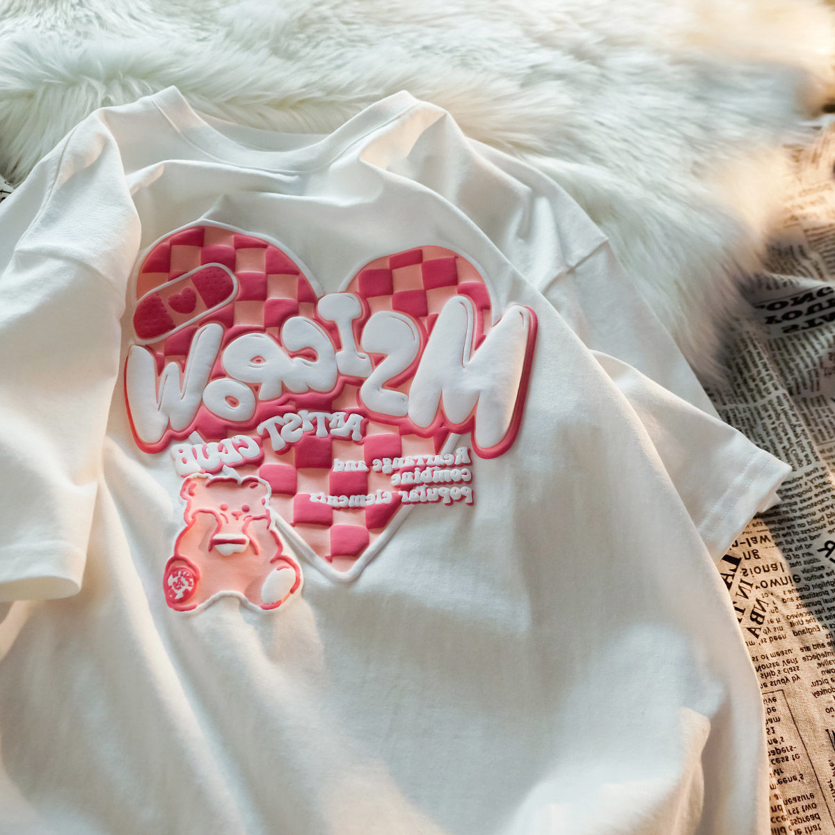 Plaid Love Bear Short sleeved T shirt Female Korean Style Design Half sleeved Couple Top White - Shop at LoveMi