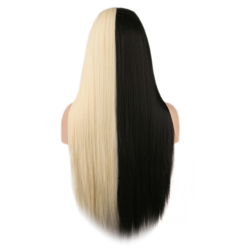 Black And White Two-tone Long Straight Hair High Temperature Silk Machine Wig — foto 5
