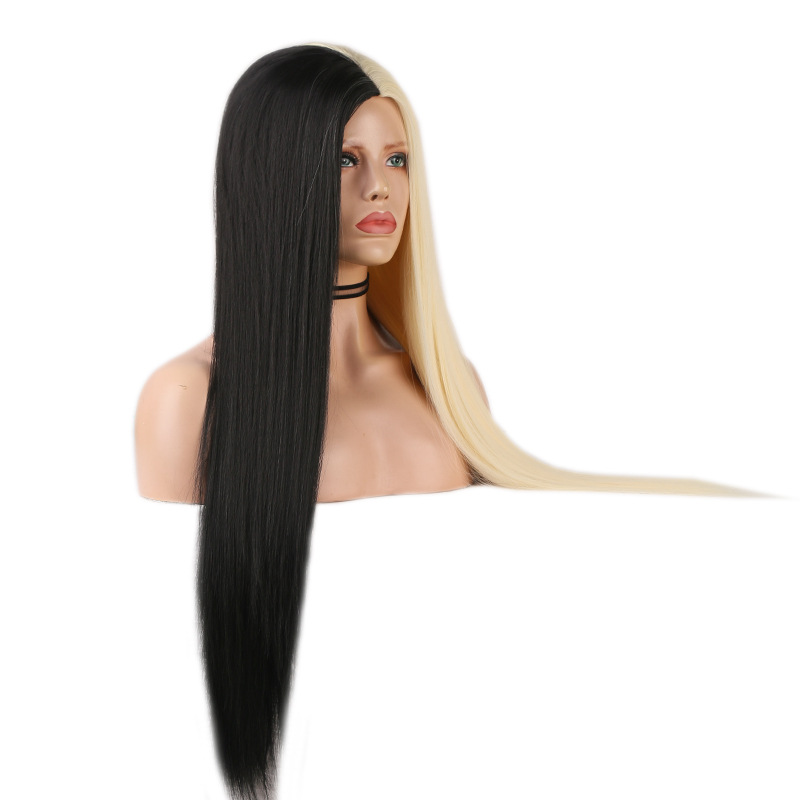 Black And White Two-tone Long Straight Hair High Temperature Silk Machine Wig — foto 2